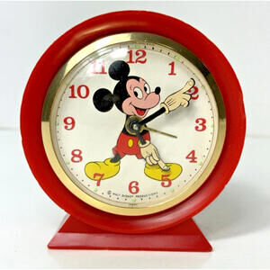 Vtg Walt Disney Mickey Mouse Red Plastic Metal Table Clock Japan BROKEN